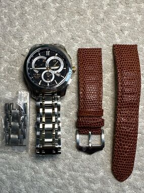 Citizen Eco-Drive Caliber 5700 Chronograph with 2 Tone Bracelet & Leather Strap
